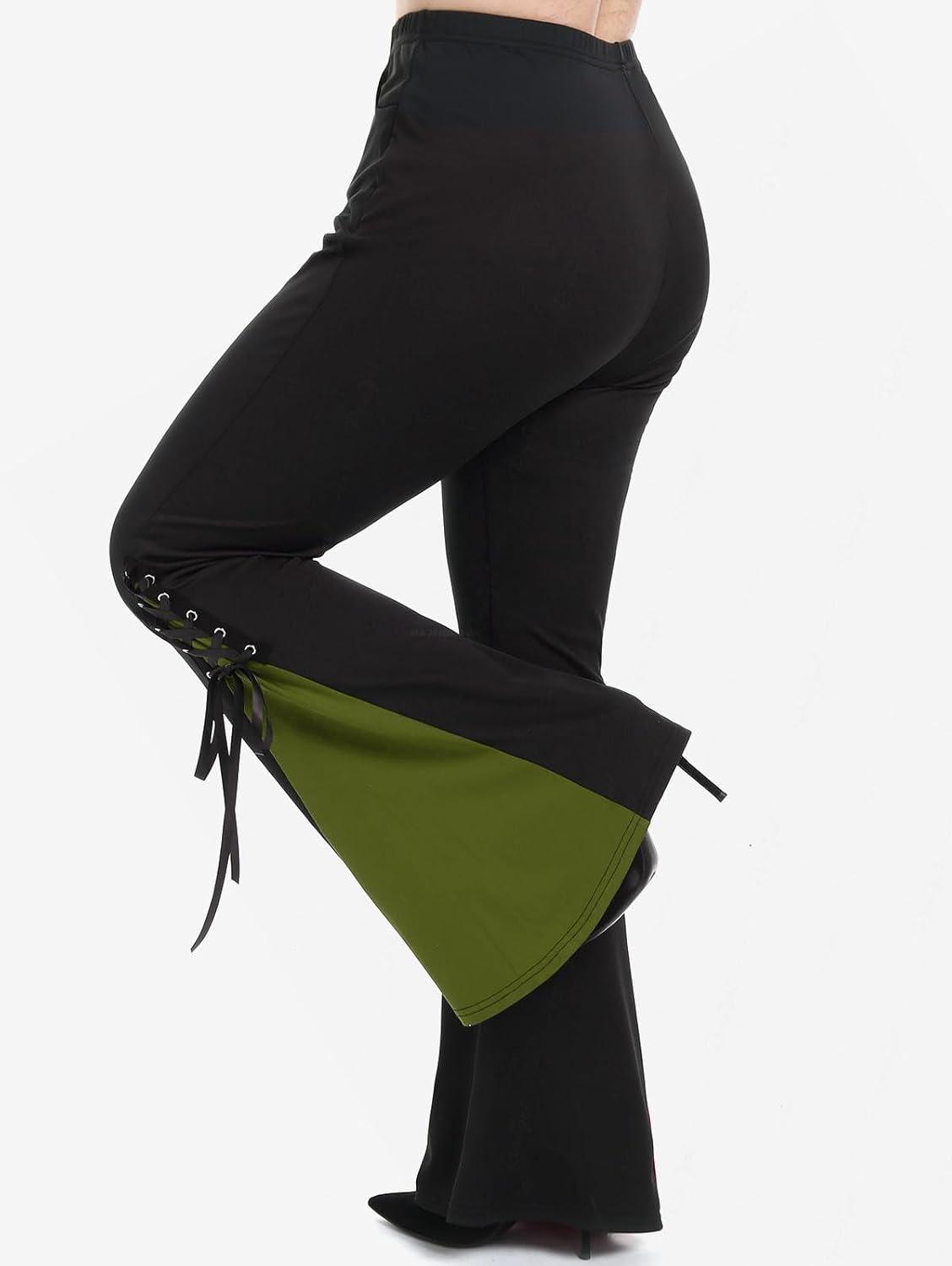 image:imageROSE GAL Womens Plus Size Gothic Lace Up Two Tone Godet Hem Pull On Flare PantsGreen3