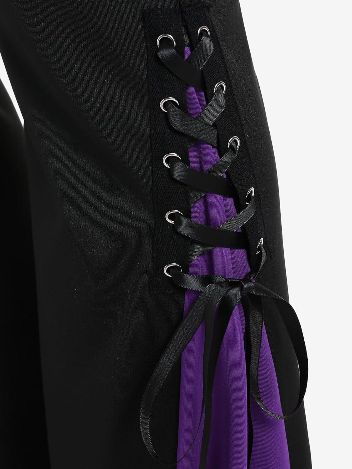 image:imageROSE GAL Womens Plus Size Gothic Lace Up Two Tone Godet Hem Pull On Flare PantsPurple1