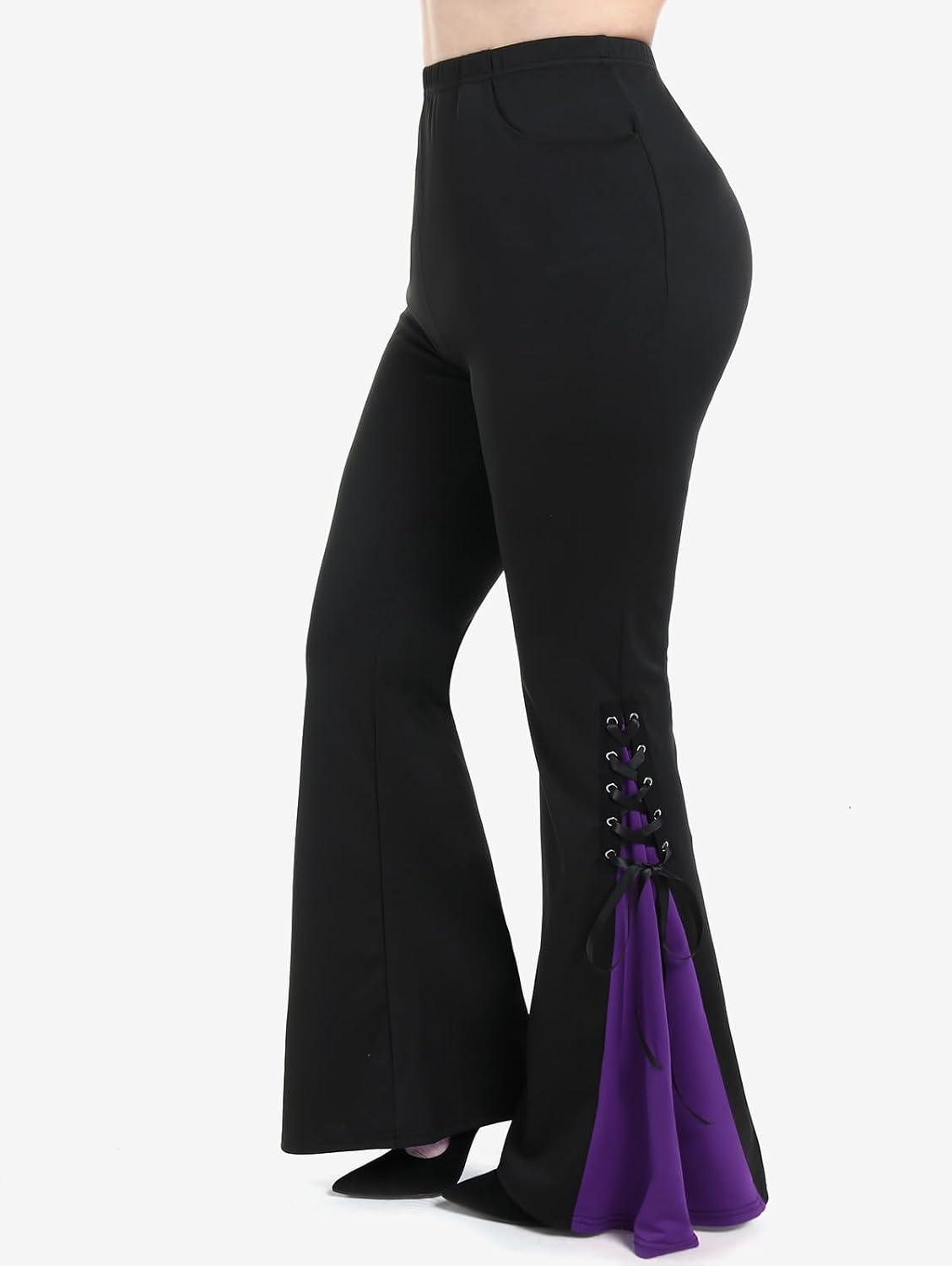 image:imageROSE GAL Womens Plus Size Gothic Lace Up Two Tone Godet Hem Pull On Flare PantsPurple1