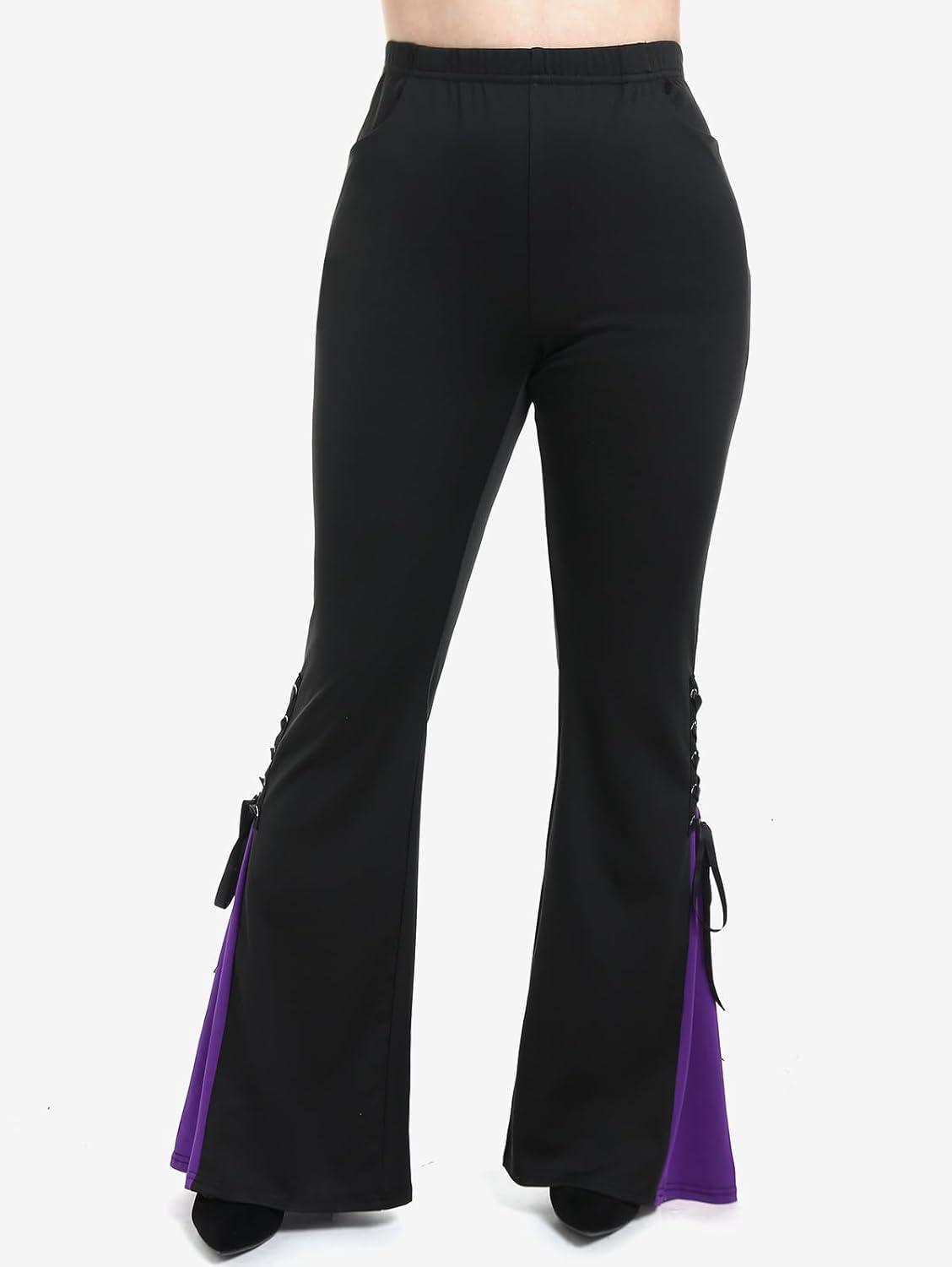 image:imageROSE GAL Womens Plus Size Gothic Lace Up Two Tone Godet Hem Pull On Flare PantsPurple1
