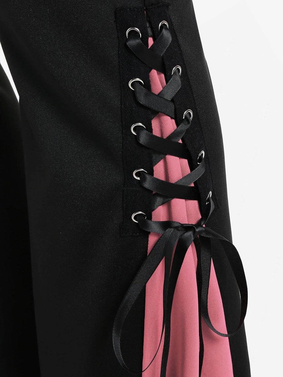 image:imageROSE GAL Womens Plus Size Gothic Lace Up Two Tone Godet Hem Pull On Flare PantsRed2