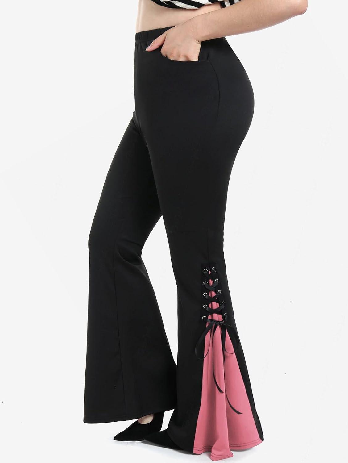 image:imageROSE GAL Womens Plus Size Gothic Lace Up Two Tone Godet Hem Pull On Flare PantsRed2