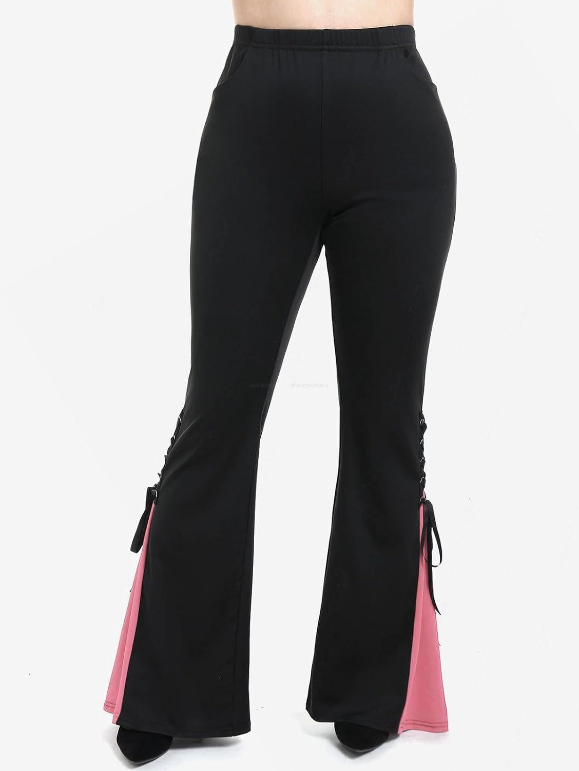 image:imageROSE GAL Womens Plus Size Gothic Lace Up Two Tone Godet Hem Pull On Flare PantsRed2