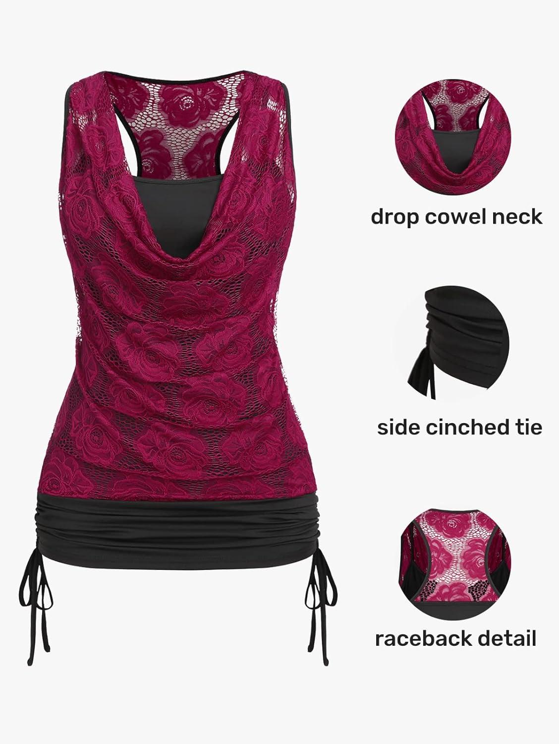 image:imageROSE GAL Womens Plus Size V Neck Tank Lace Vest Shirt Sleeveless Summer Casual Round Neck SlimTopsDeep Red