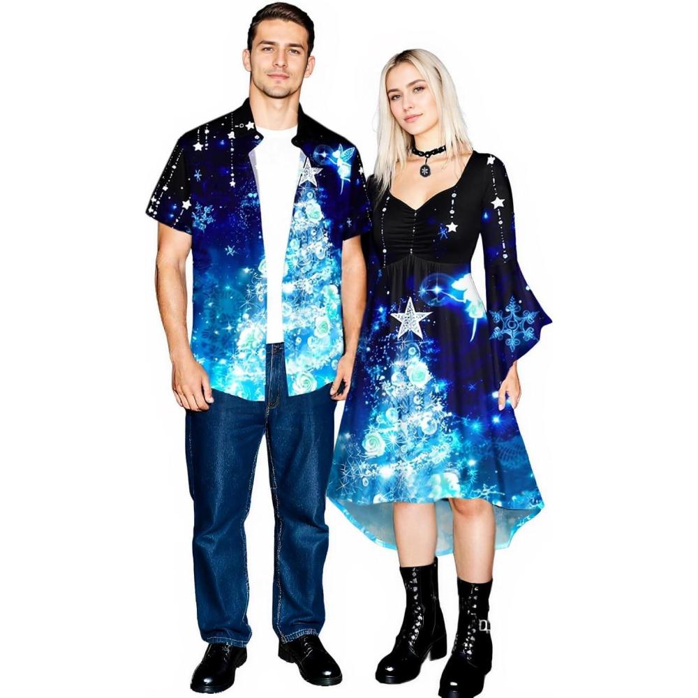 image:imageMatchable Couple Sparkly Christmas Tree Print Shirt or Plus Size Ruched Bell Sleeves High Low Hem Midi Xmas DressWomen Blue