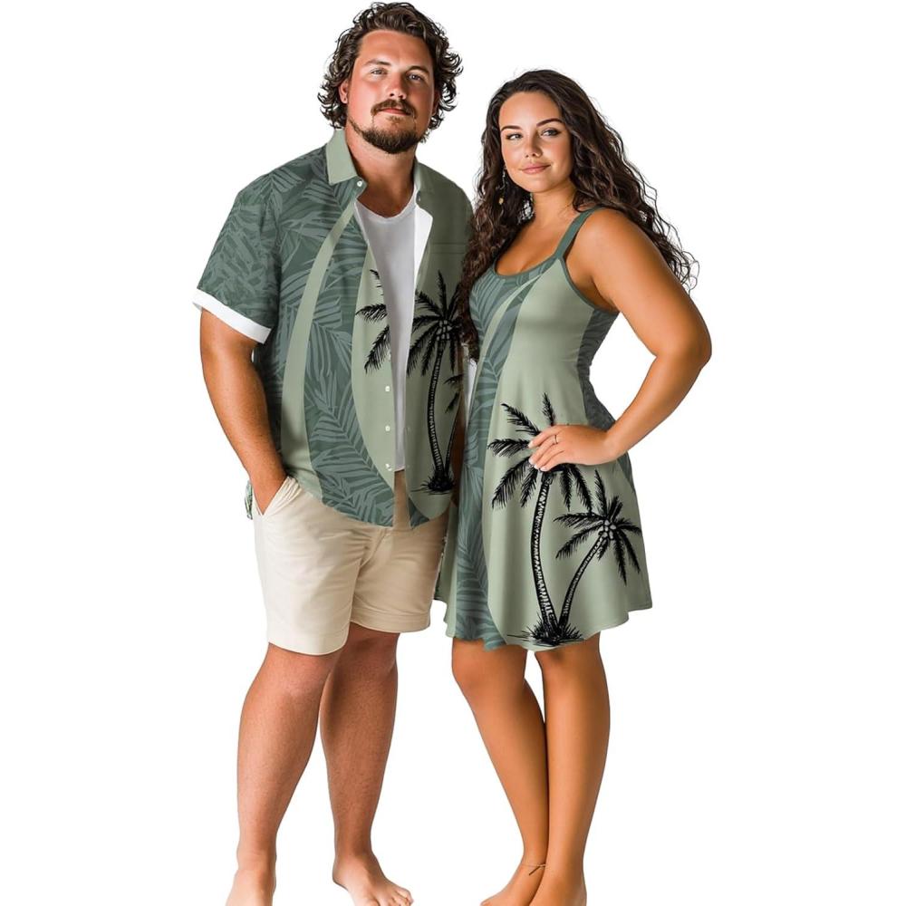 image:imageROSE GAL Matchable Couple Hawaiian Coconut Tree Print Shirt or Plus Size Knee Length Fit and Flare Tank DressMen Green