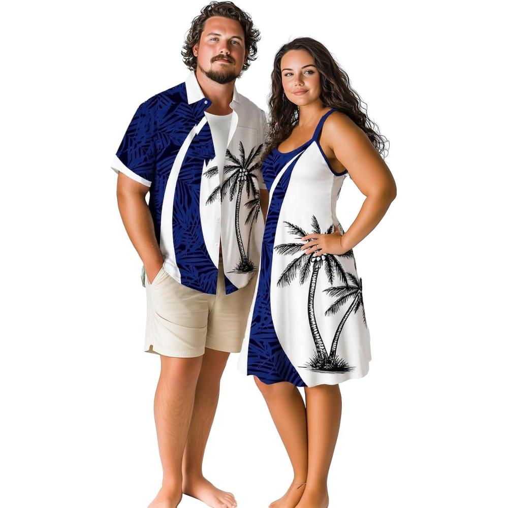 image:imageROSE GAL Matchable Couple Hawaiian Coconut Tree Print Shirt or Plus Size Knee Length Fit and Flare Tank DressMen White1