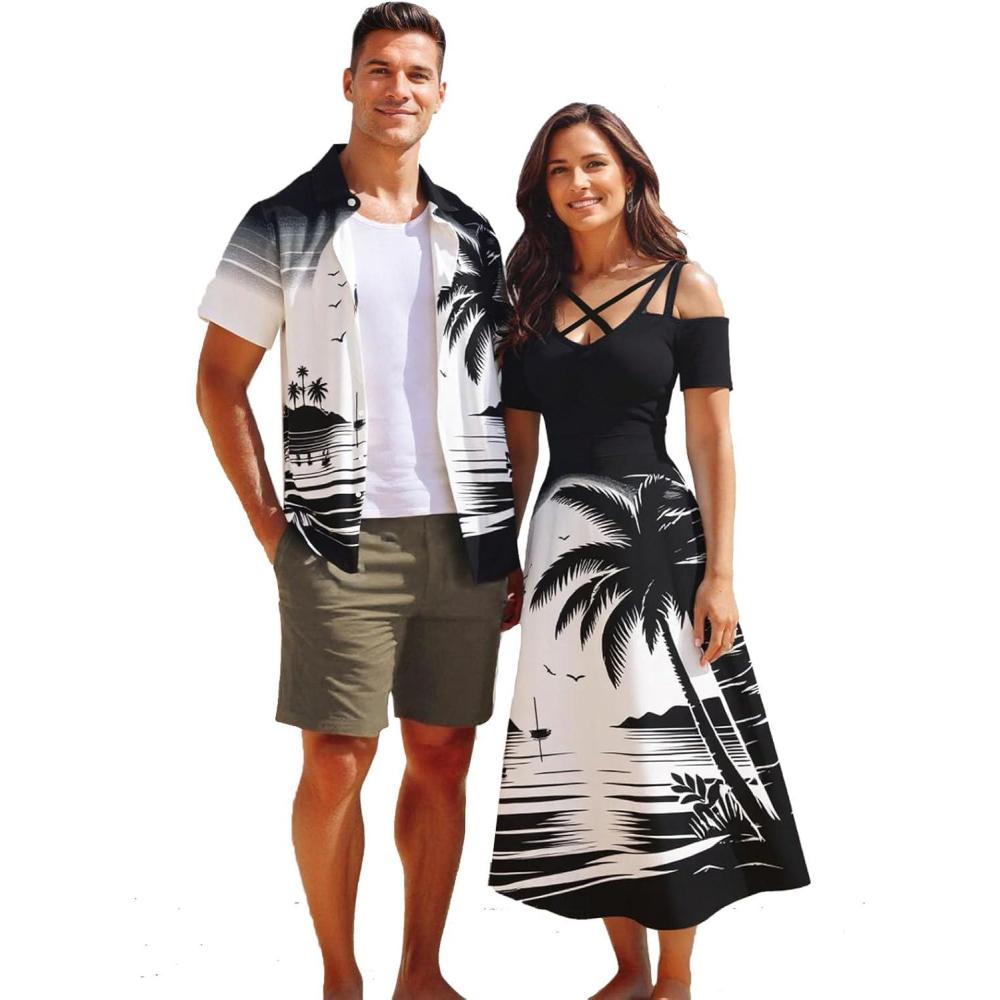 image:imageROSE GAL Matchable Couple Hawaiian Coconut Tree Print Shirt or Plus Size Midi Cold Shoulder DressMen Black