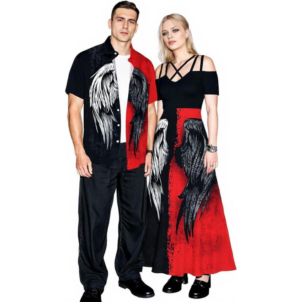 image:imageROSE GAL Matchable Couple Hawaiian Coconut Tree Print Shirt or Plus Size Midi Cold Shoulder DressMen Red
