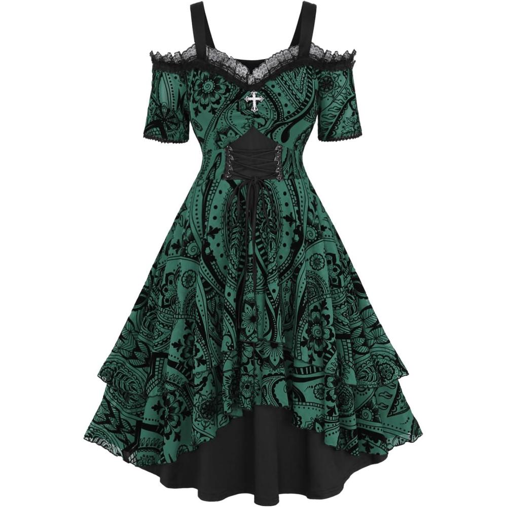 image:imageROSE GAL Plus Size Gothic Lace Up Flocking Floral Layered Cold Shoulder Flowy DressGreen