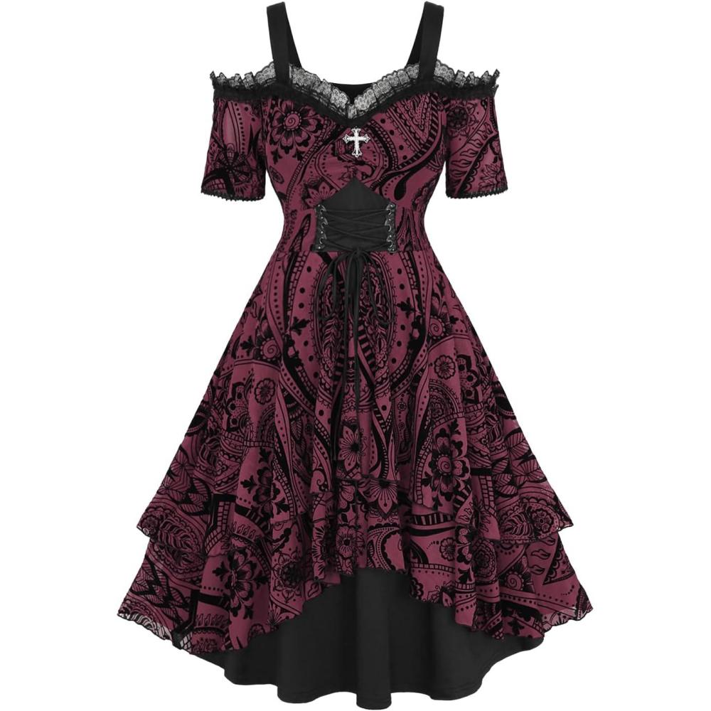 image:imageROSE GAL Plus Size Gothic Lace Up Flocking Floral Layered Cold Shoulder Flowy DressRed