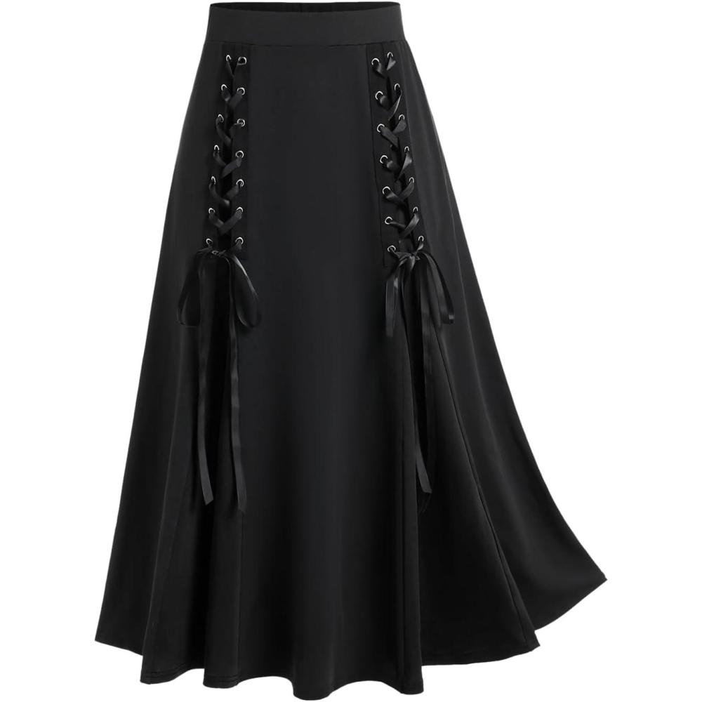 image:imageROSE GAL Plus Size Gothic Lace Up Two Tone Godet Hem Midi A Line High Waisted SkirtBlack