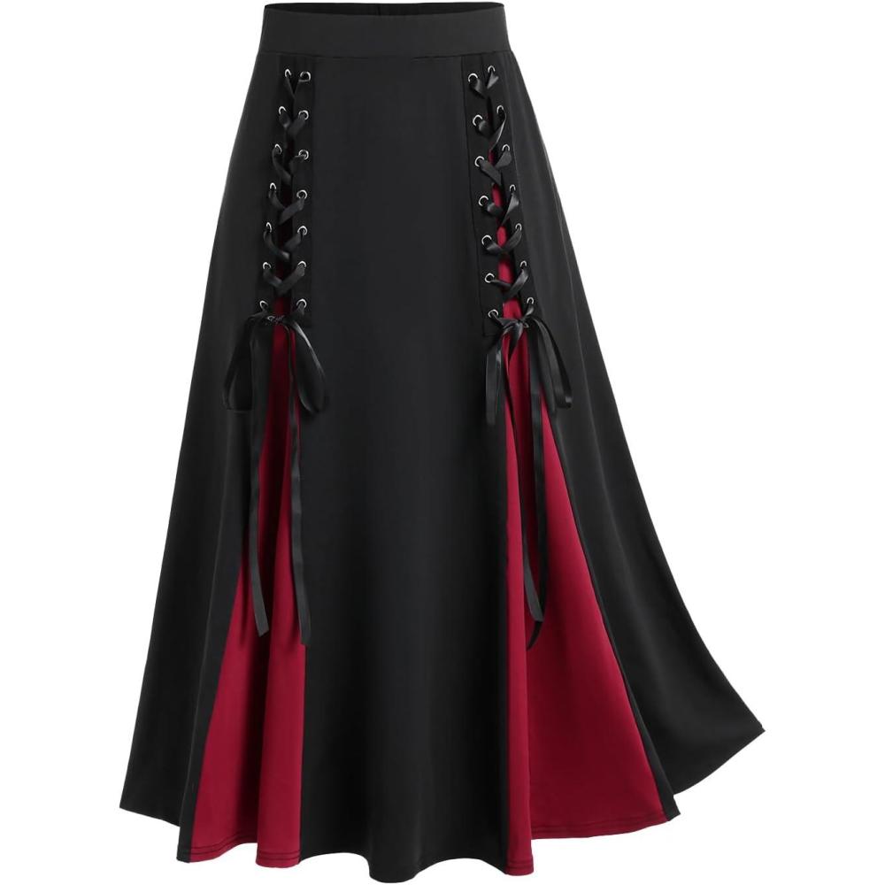image:imageROSE GAL Plus Size Gothic Lace Up Two Tone Godet Hem Midi A Line High Waisted SkirtBlack5