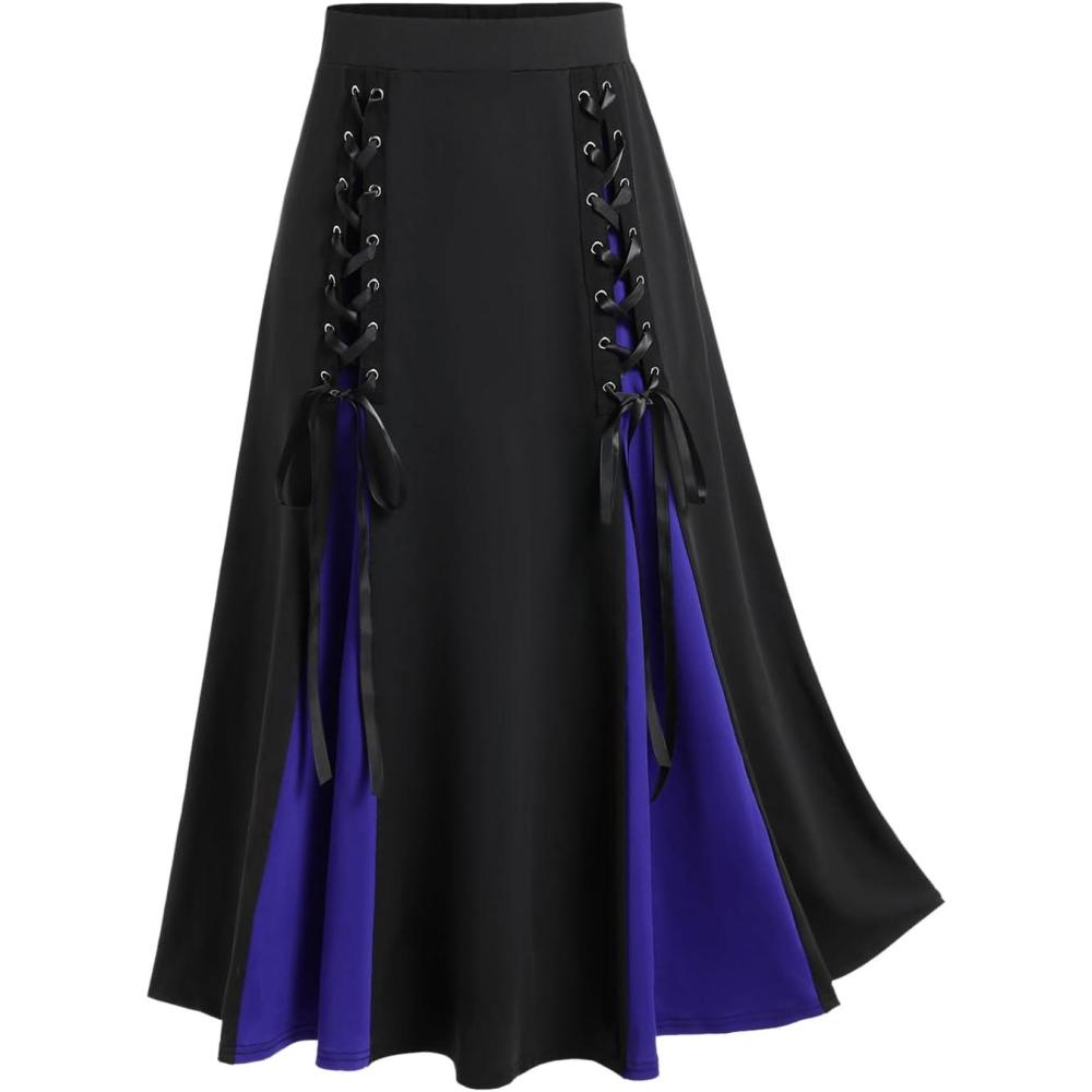 image:imageROSE GAL Plus Size Gothic Lace Up Two Tone Godet Hem Midi A Line High Waisted SkirtBlue