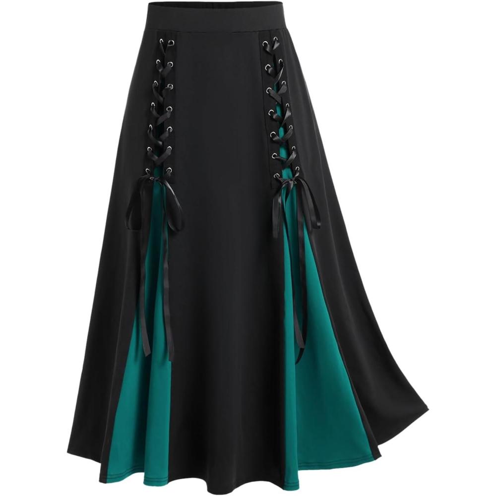image:imageROSE GAL Plus Size Gothic Lace Up Two Tone Godet Hem Midi A Line High Waisted SkirtGreen