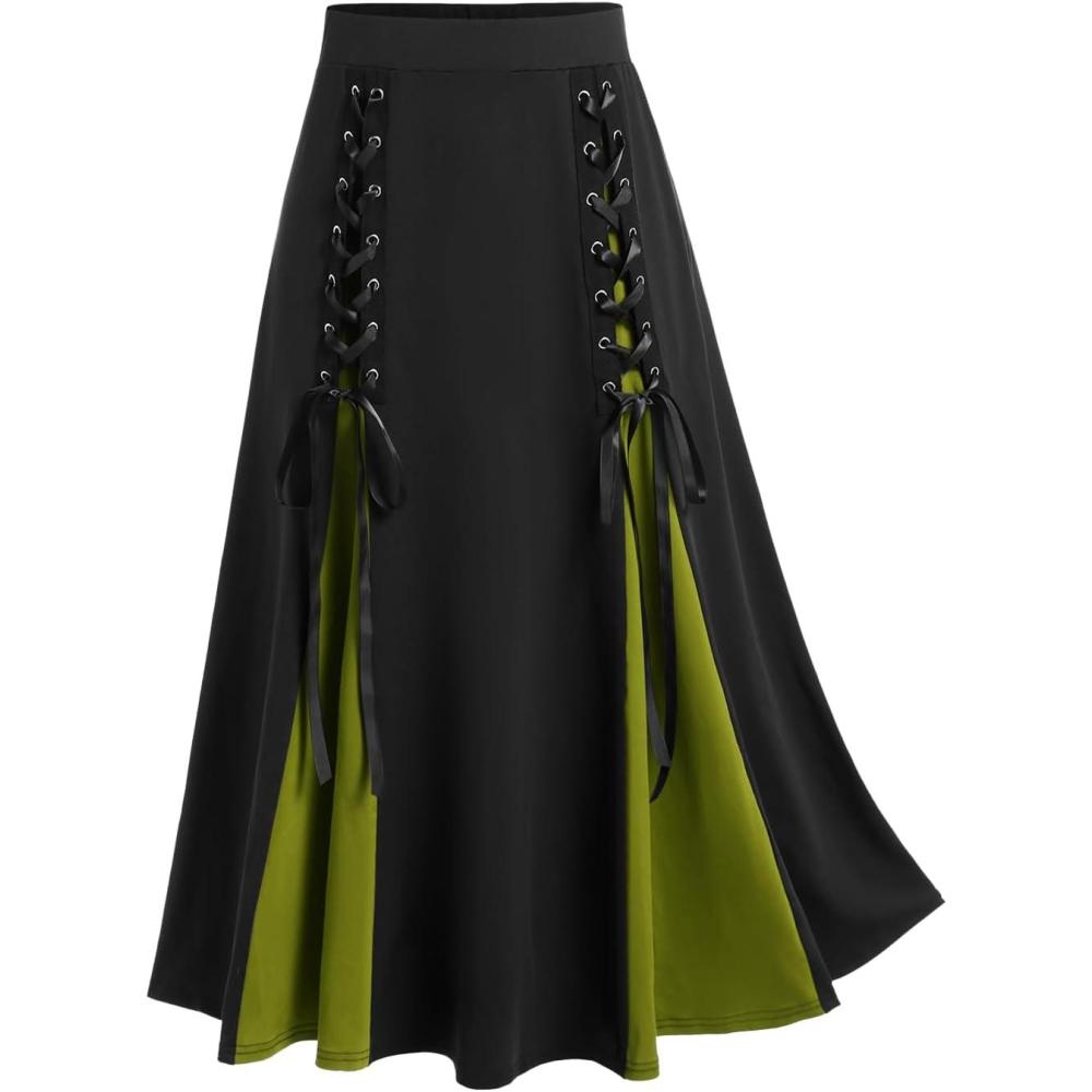 image:imageROSE GAL Plus Size Gothic Lace Up Two Tone Godet Hem Midi A Line High Waisted SkirtGreen2