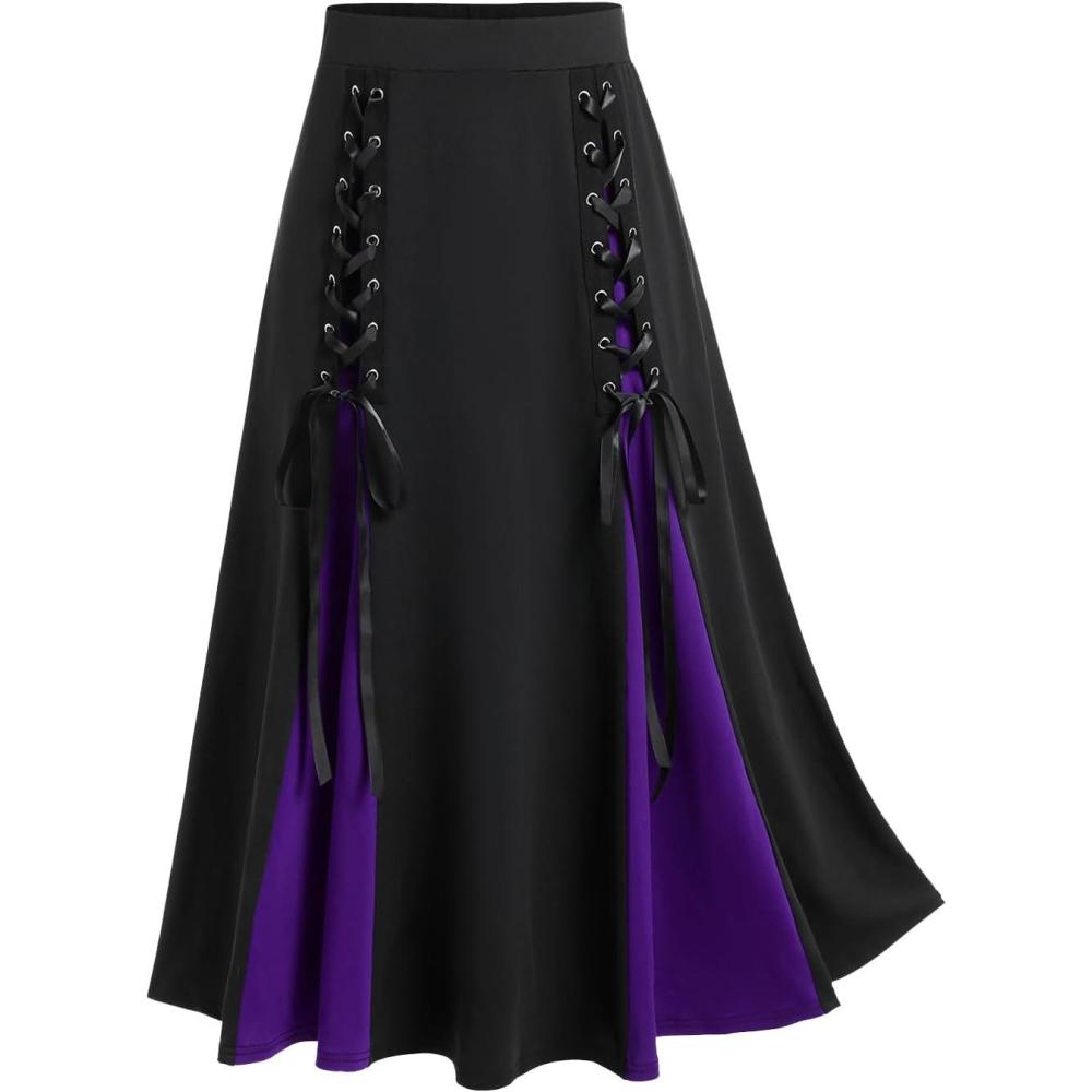 image:imageROSE GAL Plus Size Gothic Lace Up Two Tone Godet Hem Midi A Line High Waisted SkirtPurple