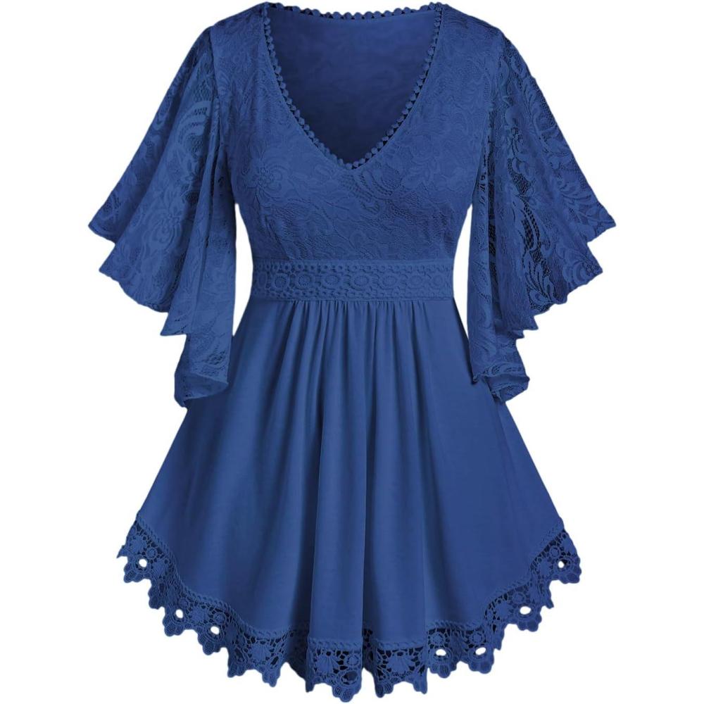 image:imageROSE GAL Plus Size Lace Panel Butterfly Sleeve BlouseBlue1