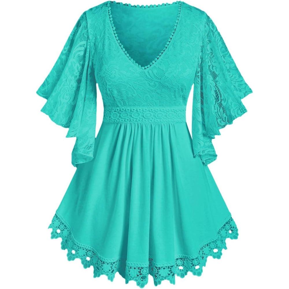 image:imageROSE GAL Plus Size Lace Panel Butterfly Sleeve BlouseBlue2