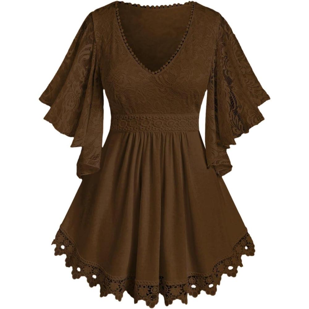 image:imageROSE GAL Plus Size Lace Panel Butterfly Sleeve BlouseCoffee2