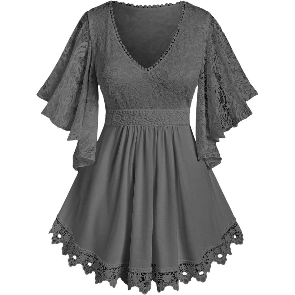image:imageROSE GAL Plus Size Lace Panel Butterfly Sleeve BlouseGray1