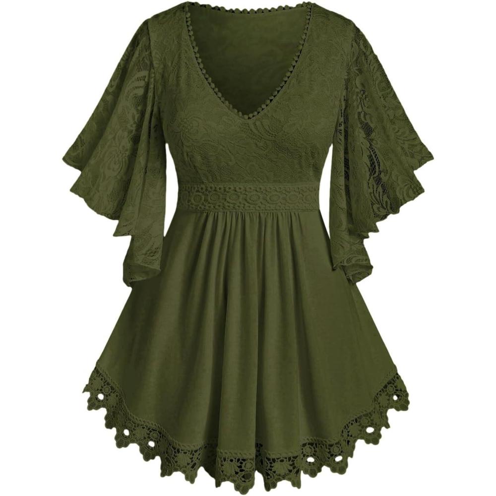 image:imageROSE GAL Plus Size Lace Panel Butterfly Sleeve BlouseGreen2