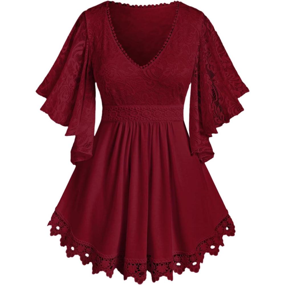image:imageROSE GAL Plus Size Lace Panel Butterfly Sleeve BlouseRed1