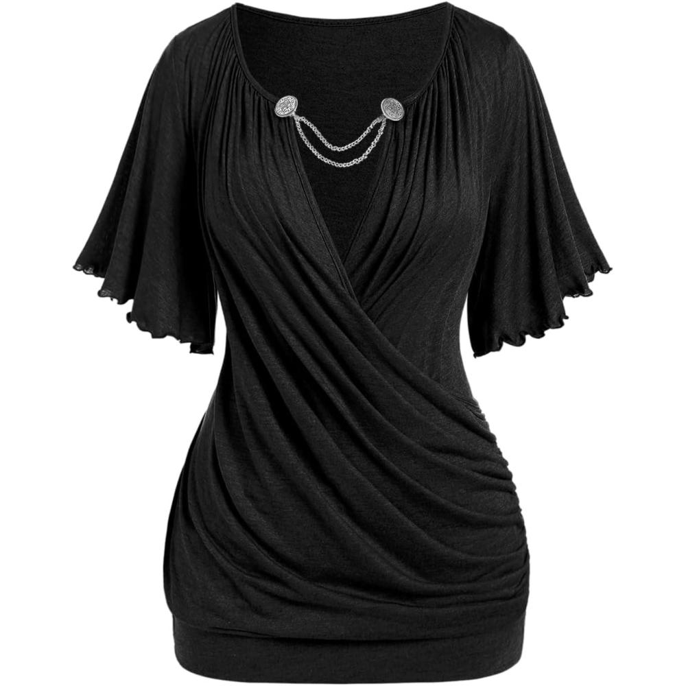 image:imageROSE GAL Plus Size Lettuce Ruched Chain Embellished Plunging Blouson TeeBlack