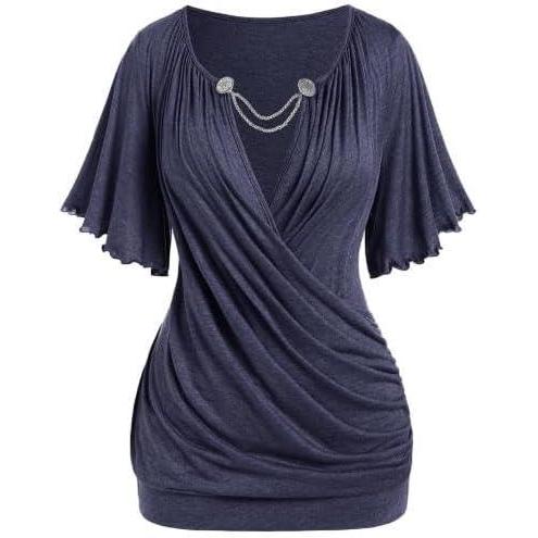 image:imageROSE GAL Plus Size Lettuce Ruched Chain Embellished Plunging Blouson TeeBlue