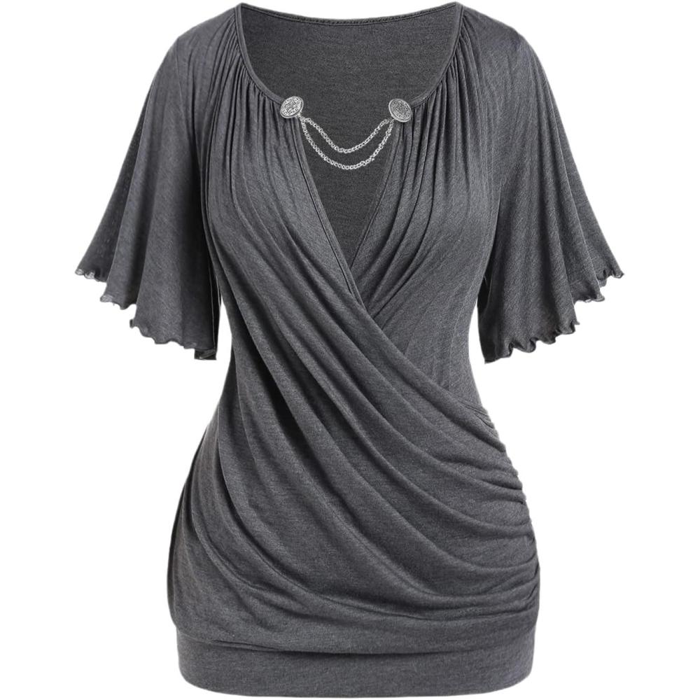 image:imageROSE GAL Plus Size Lettuce Ruched Chain Embellished Plunging Blouson TeeGray
