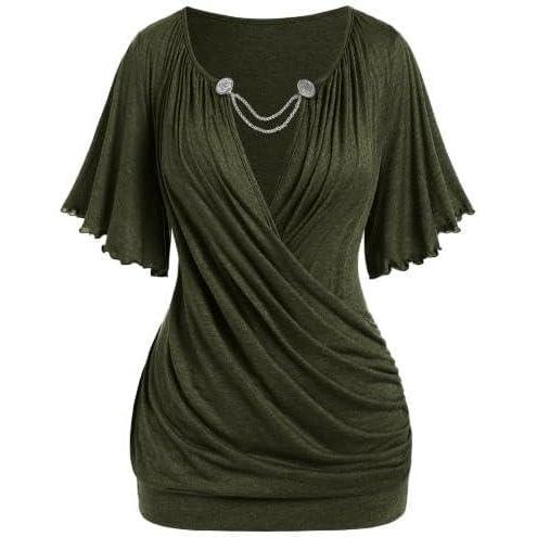 image:imageROSE GAL Plus Size Lettuce Ruched Chain Embellished Plunging Blouson TeeGreen