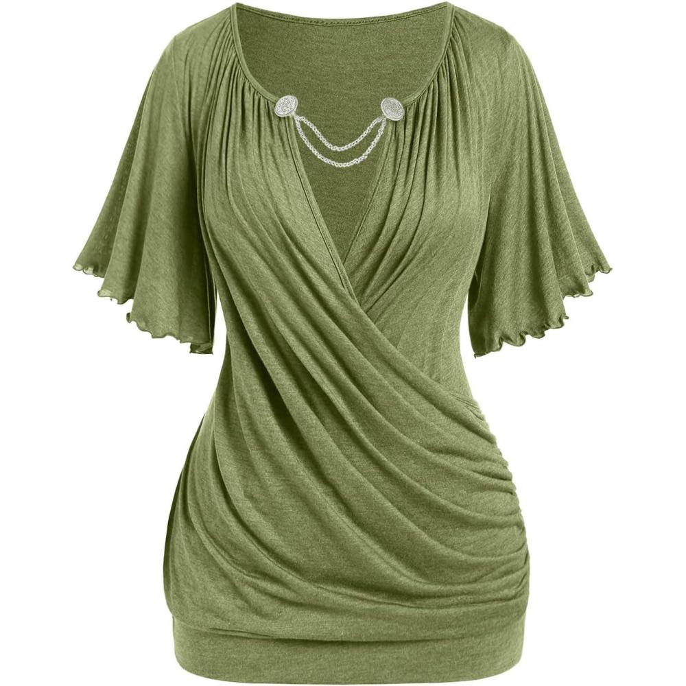 image:imageROSE GAL Plus Size Lettuce Ruched Chain Embellished Plunging Blouson TeeGreen1