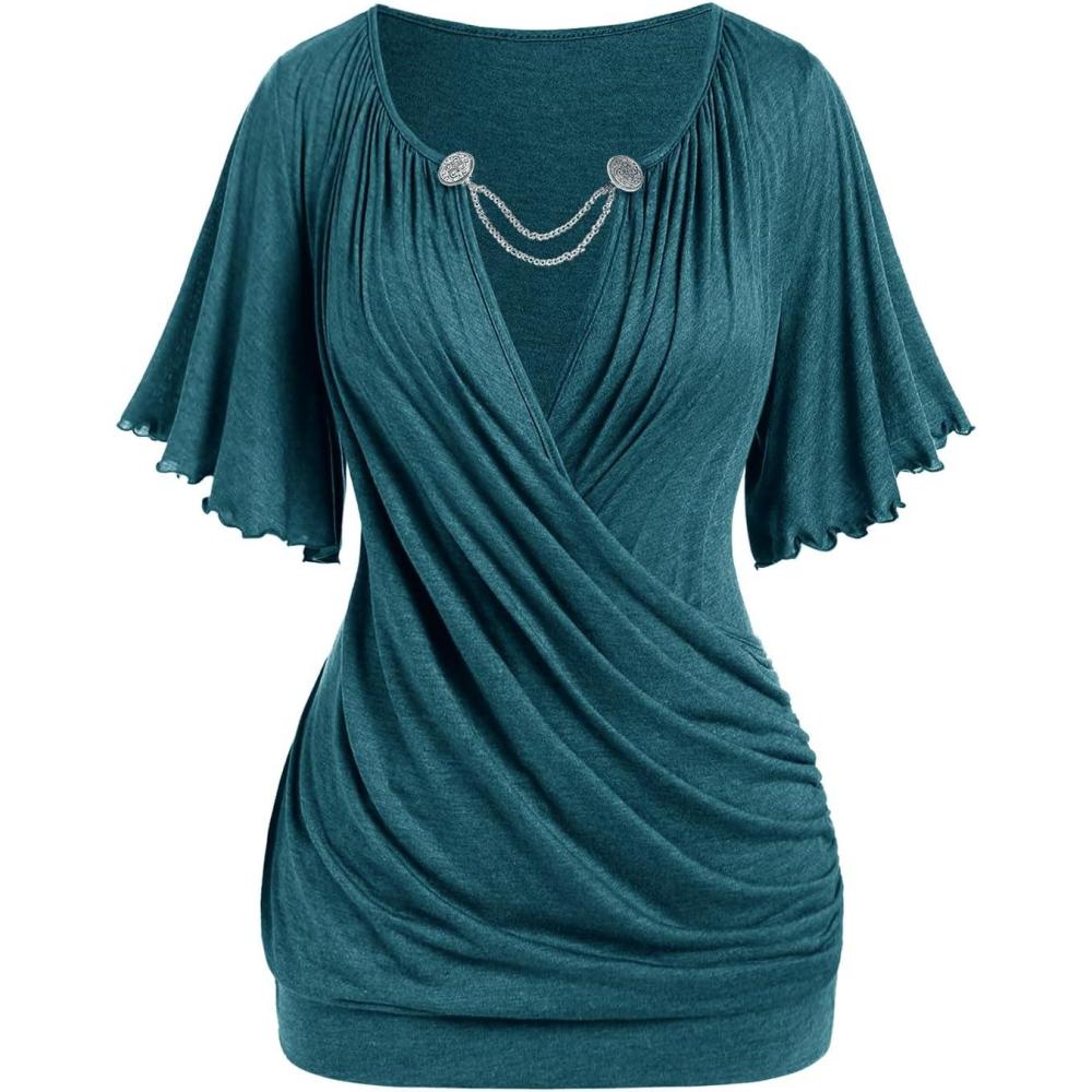 image:imageROSE GAL Plus Size Lettuce Ruched Chain Embellished Plunging Blouson TeeGreen2