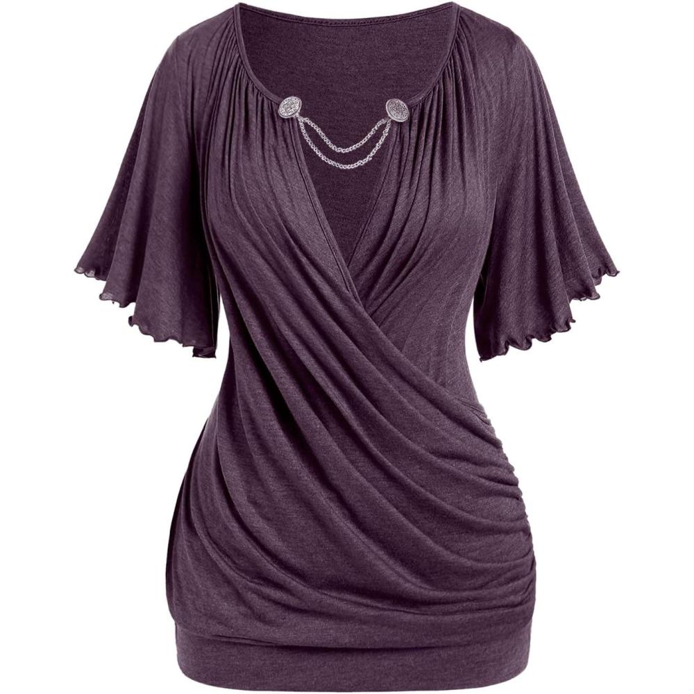 image:imageROSE GAL Plus Size Lettuce Ruched Chain Embellished Plunging Blouson TeePurple