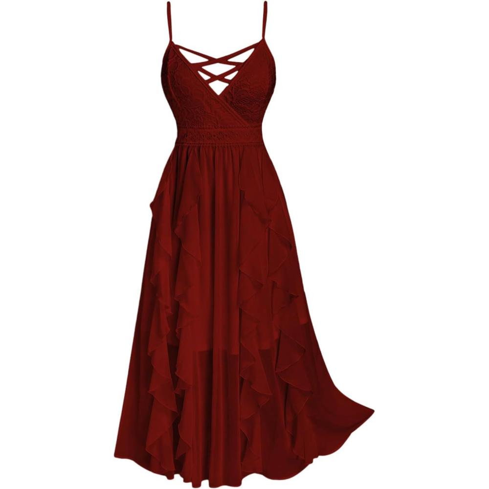 image:imageROSE GAL Plus Size Party Dress for Women Lace Ruffles Cirsscross Cocktail Bridesmaid Wedding Guest Maxi Cami Formal DressRed1