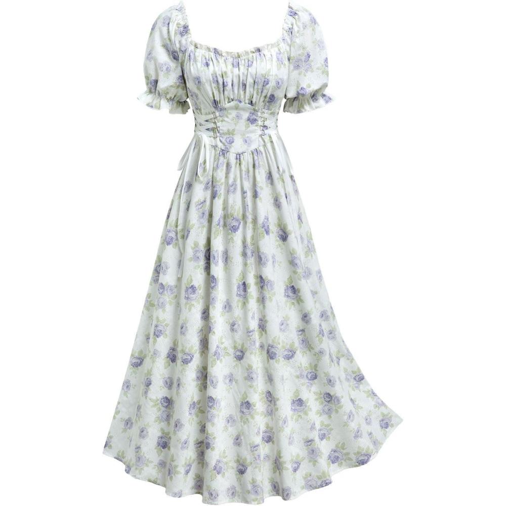 image:imageROSE GAL Plus Size Summer Cottagecore Dress for Women Elegant Square Neck Ruffes Pleated LaceUp Floral Flowy DressWhite1