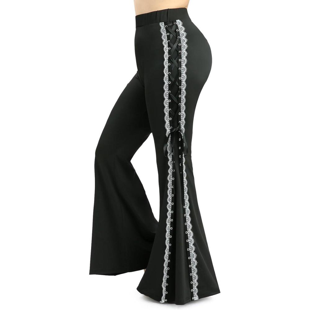 image:imageROSE GAL Plus Size Women Elastic High Waisted Flare Pants Laceup Lace Hem Bell Bottom PantsBlack