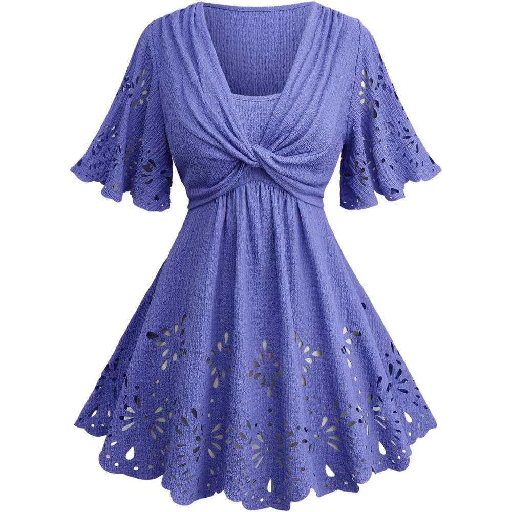 image:imageROSE GAL Plus Size Women Flutter Sleeve Flowy Tops Laser Cutout Twist Front Textured Crinkly Short Sleeve Summer TShirtBlue
