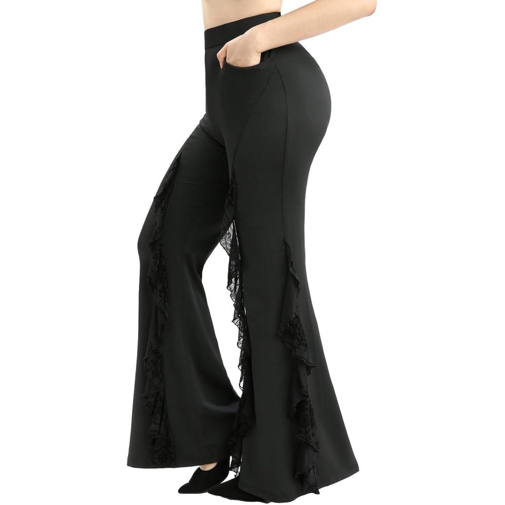 image:imageROSE GAL Plus Size Women Gothic High Waisted Flare Pants Flocking Spider Web Mesh Bell Bottom Pants with PocketsBlack