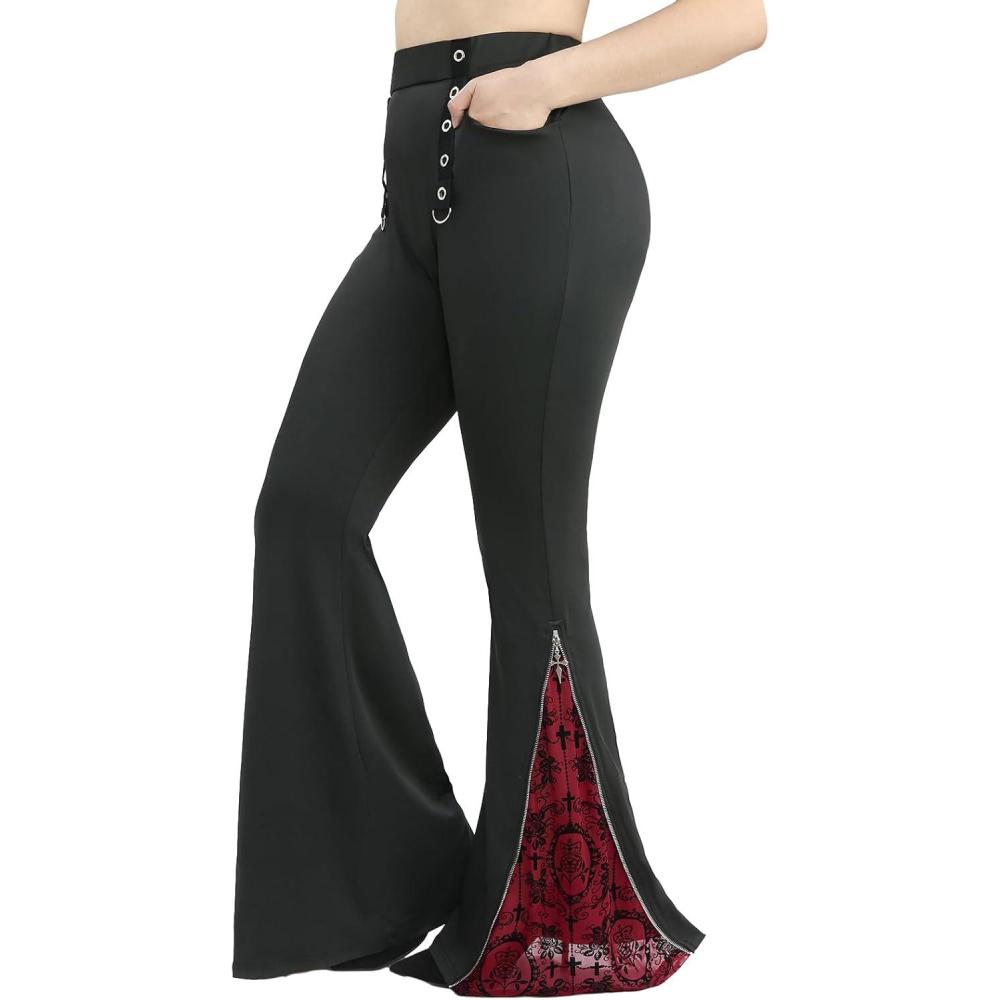 image:imageROSE GAL Plus Size Women Gothic Trousers High Waisted Flare Pants Flocking Floral Mesh Bell Bottom Pants with PocketsBlack