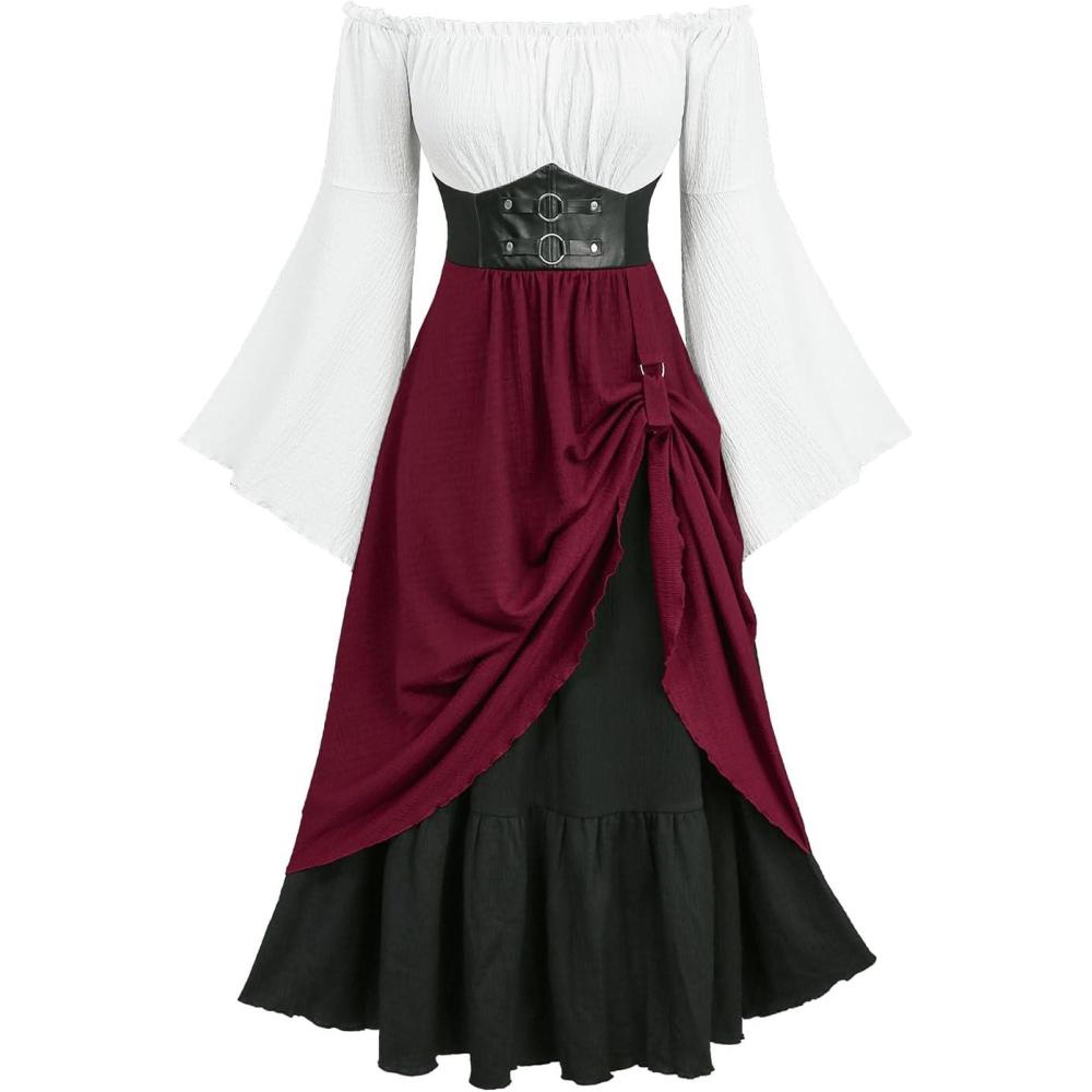 image:imageROSE GAL Plus Size Women Renaissance Ren Faire Costume Textured Long Bell Sleeve Layered Maxi Medieval DressRed