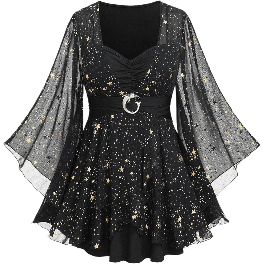 image:imageROSE GAL Plus Size Womens Elegant Sparkly Gold Stamping Stars Print Long Flare Sleeve 2 in 1 Flowy TopBlack