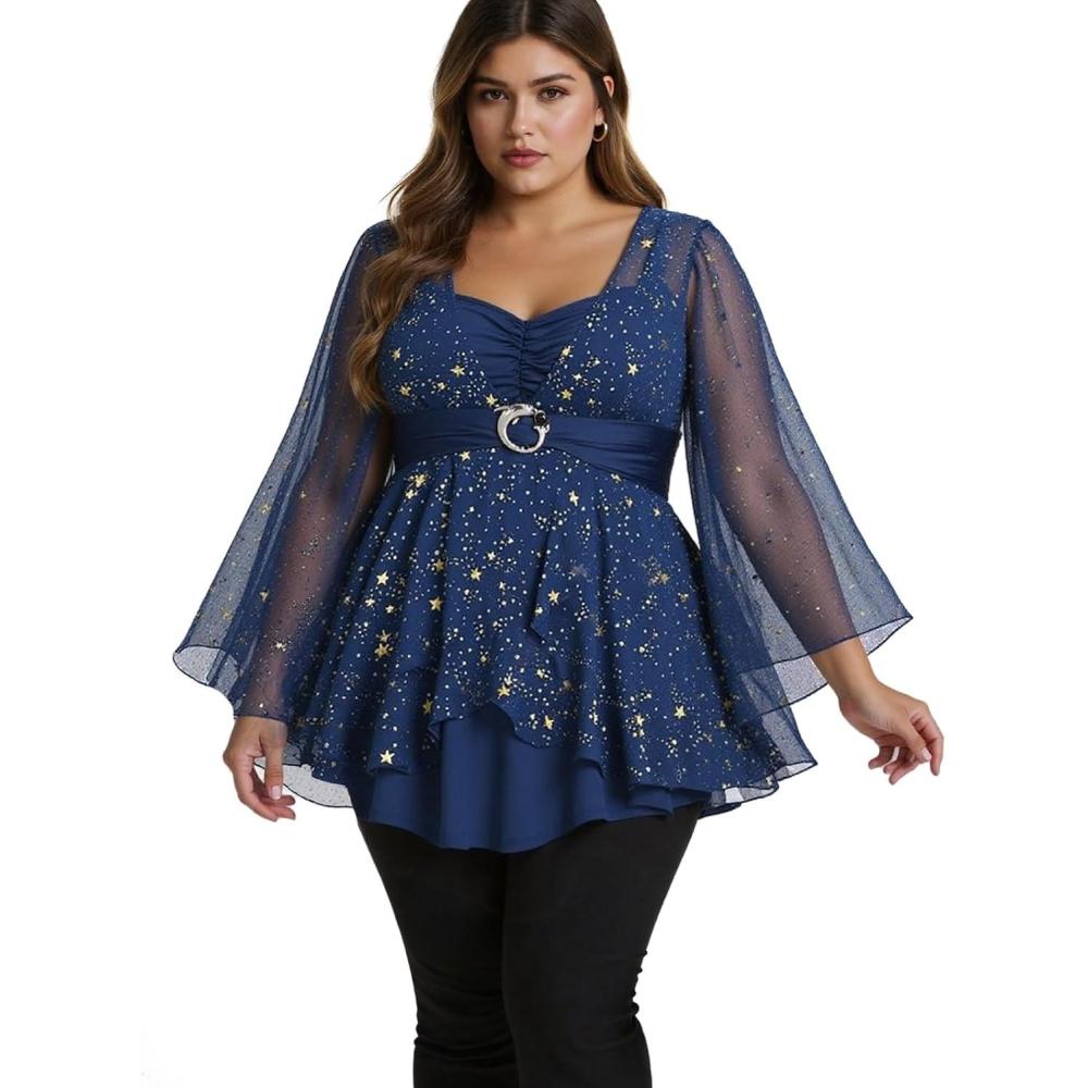 image:imageROSE GAL Plus Size Womens Elegant Sparkly Gold Stamping Stars Print Long Flare Sleeve 2 in 1 Flowy TopBlue