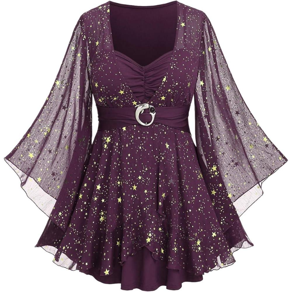 image:imageROSE GAL Plus Size Womens Elegant Sparkly Gold Stamping Stars Print Long Flare Sleeve 2 in 1 Flowy TopDeep Purple
