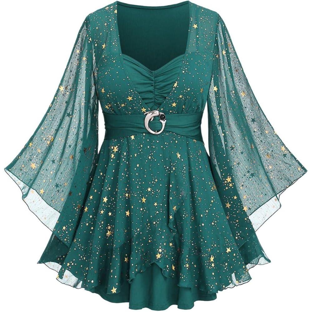 image:imageROSE GAL Plus Size Womens Elegant Sparkly Gold Stamping Stars Print Long Flare Sleeve 2 in 1 Flowy TopGreen