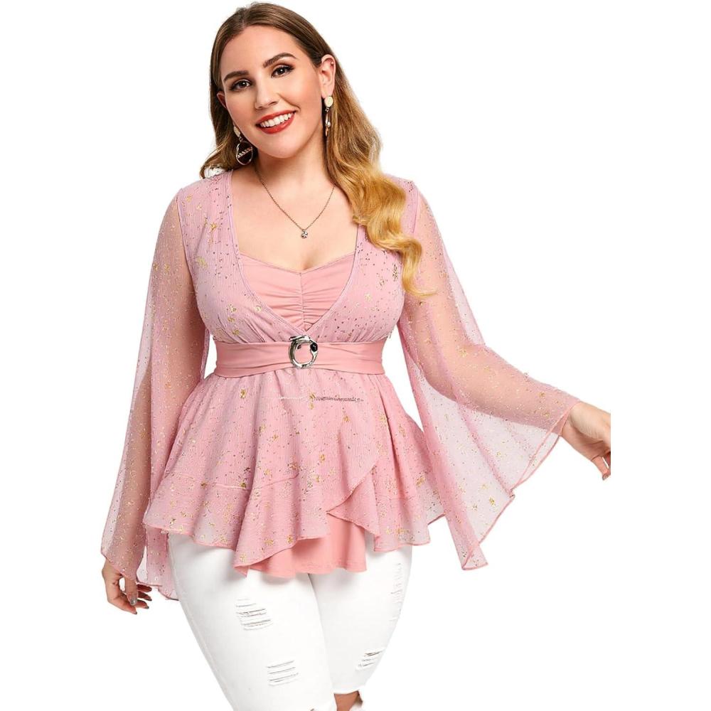 image:imageROSE GAL Plus Size Womens Elegant Sparkly Gold Stamping Stars Print Long Flare Sleeve 2 in 1 Flowy TopPink
