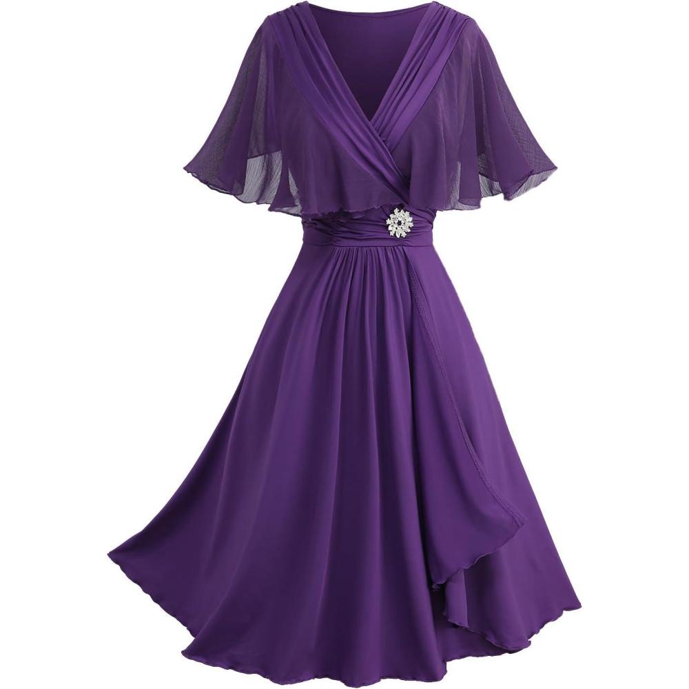 image:imageROSE GAL Plus Size Womens Flowy Wedding Guest Cape Dress with Chiffon Overlay Elegant Shawl Neck DressPurple1