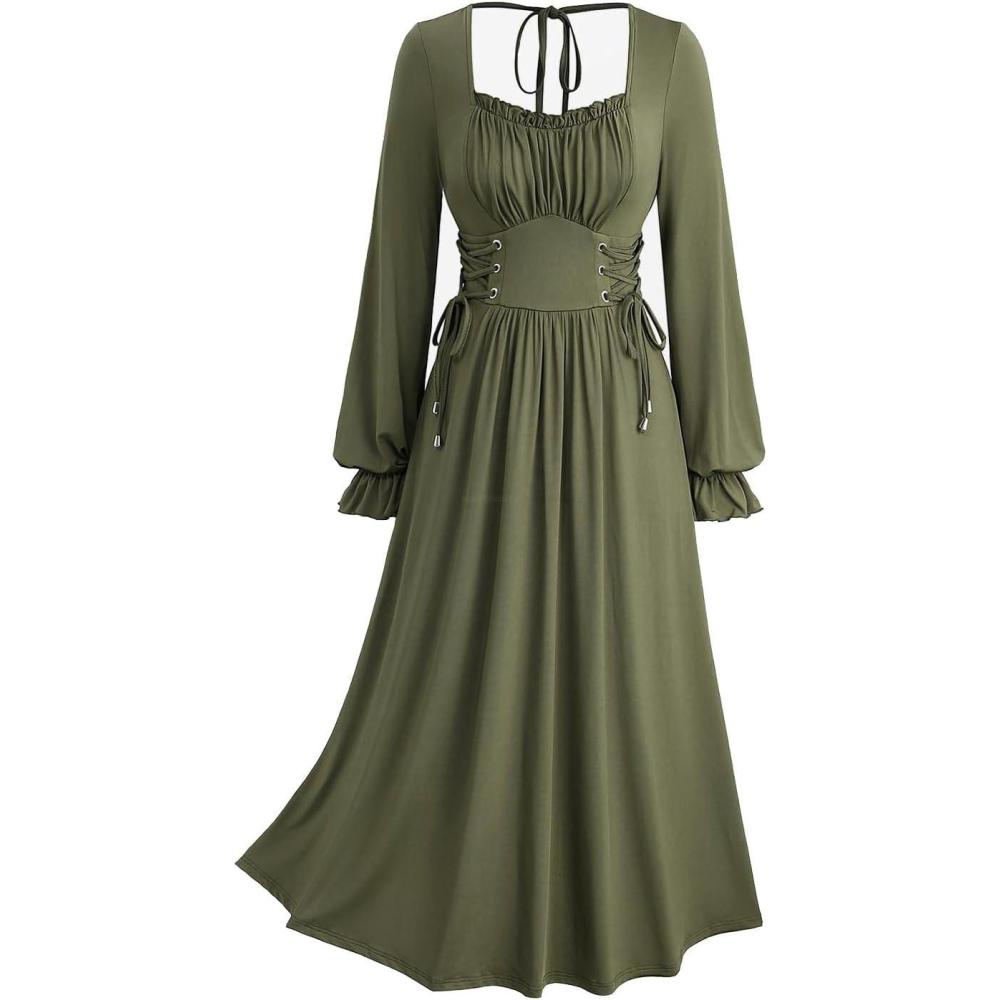 image:imageROSE GAL Plus Size Womens Renaissance Medieval Fairy Square Neck Flowy Cottagecore Corset Peasant Costume DressGreen1