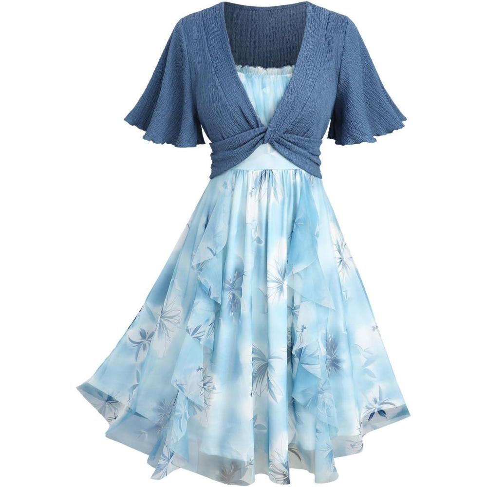 image:imageROSE GAL Plus Size Womens Summer Floral Flowy Flutter Sleeves Sundress Flounce Twist Short Sleeves DressBlue1