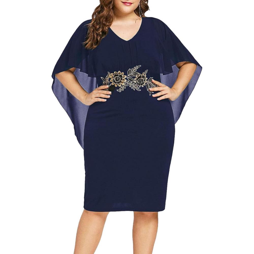 image:imageROSE GAL Rosegal Plus Size Women Flower Applique Chiffon Overlay Bodycon Pencil Cape Dress for Wedding Cocktail Party WorkDeep Blue